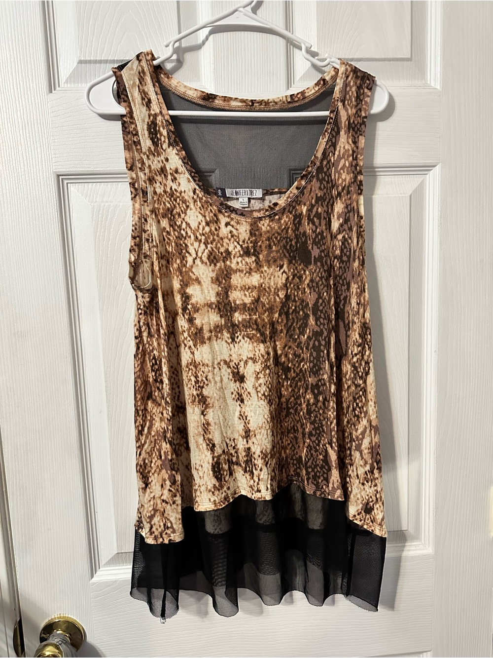 Jennifer Lopez Brown Snake-Print Tank with Black Mesh Hem